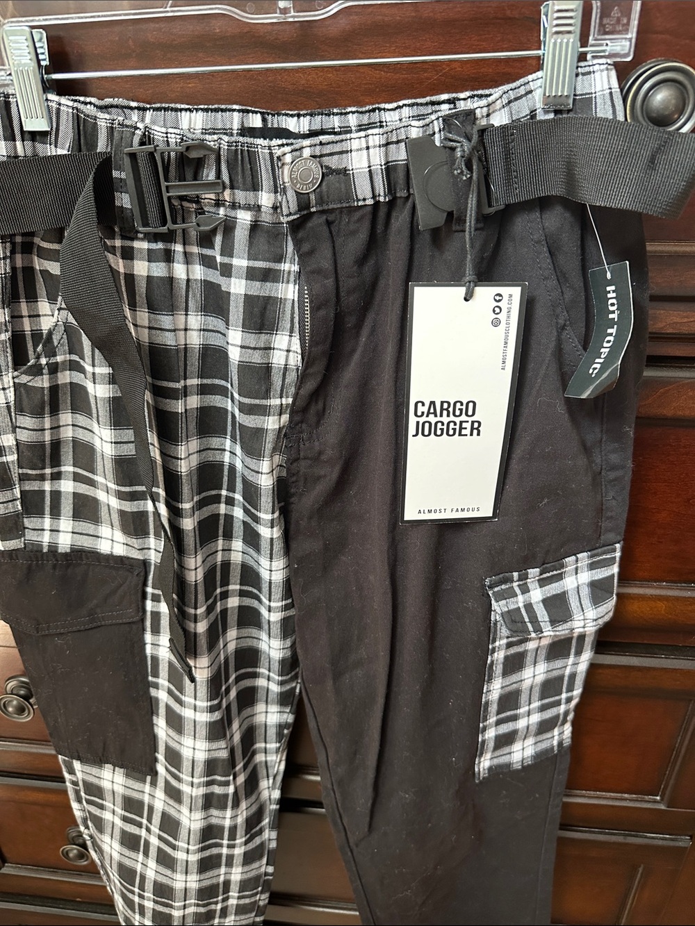 Hot Topic Black & White Plaid Panel Cargo Joggers